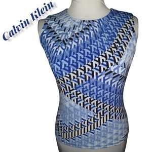 Calvin Klein Black & Blue Sleeveless Pleated Neck Blouse Shirt Top